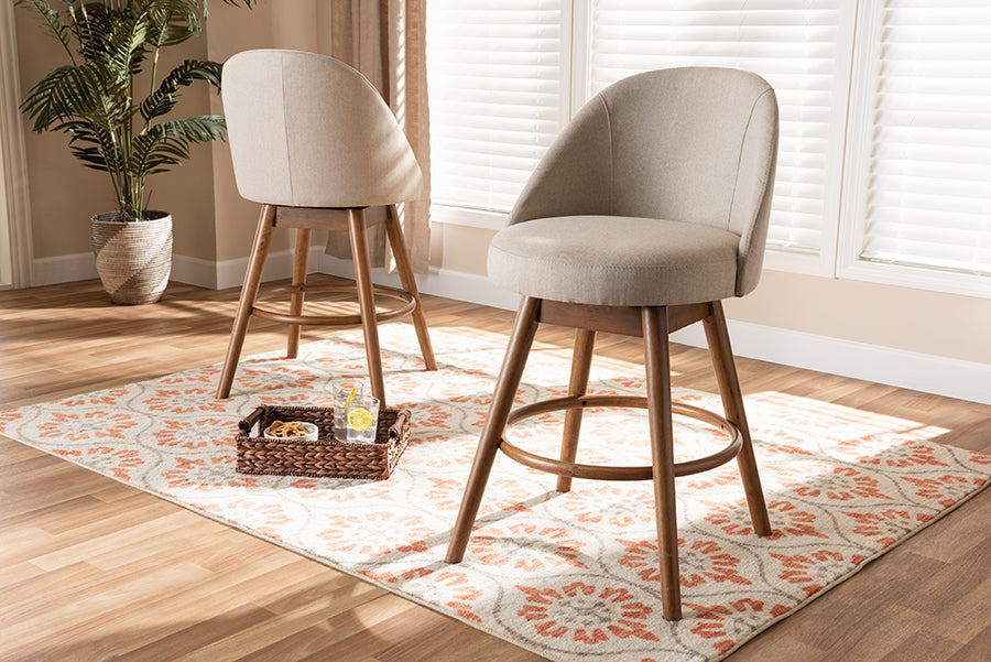 Baxton Studio Carra Mid-Century Modern Light Beige Fabric Upholstered Walnut-Finished Wood Swivel Counter Stool Set of 2
