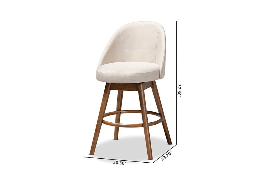 Baxton Studio Carra Mid-Century Modern Light Beige Fabric Upholstered Walnut-Finished Wood Swivel Counter Stool Set of 2