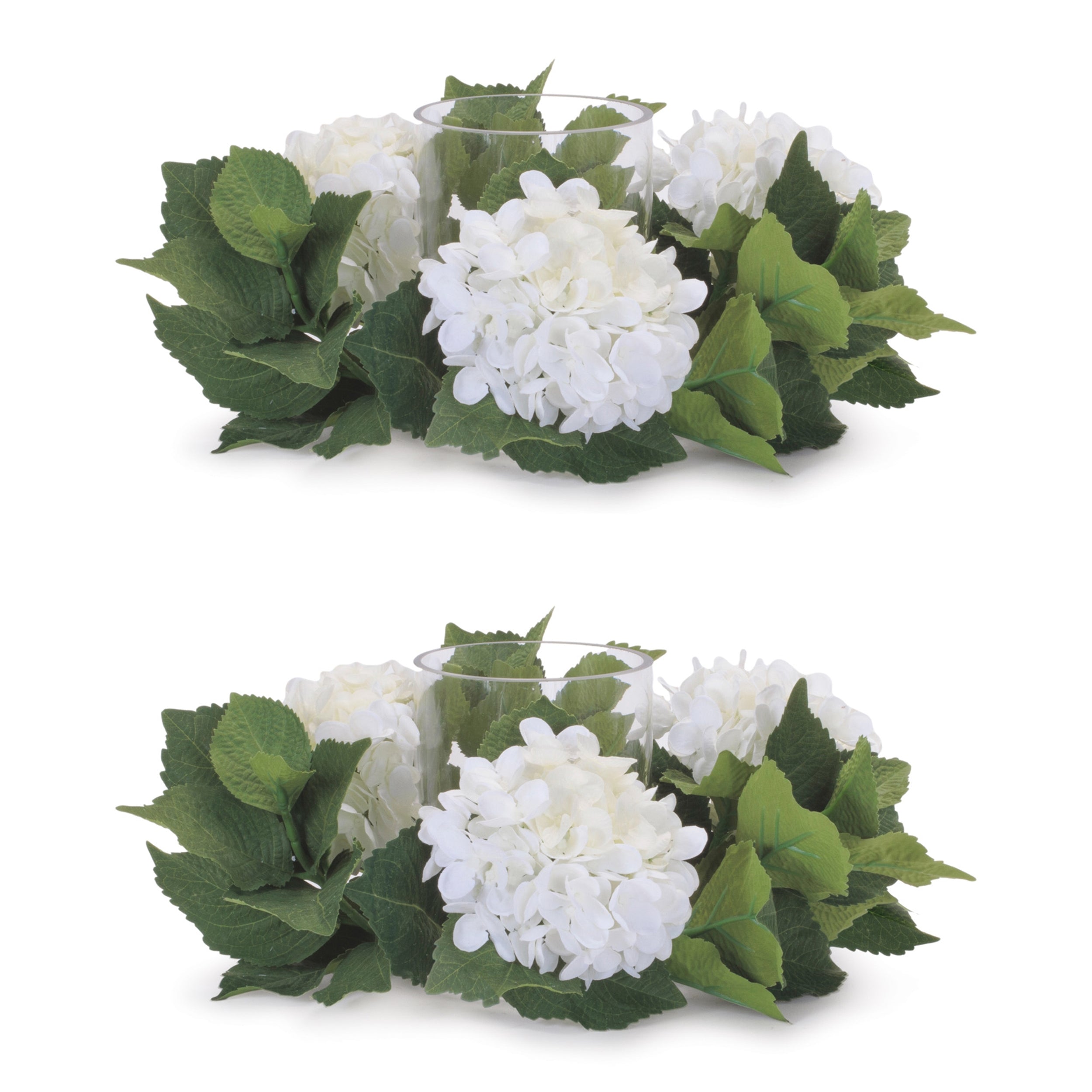 Hydrangea Candle Ring with Glass Hurricane (Set of 2)