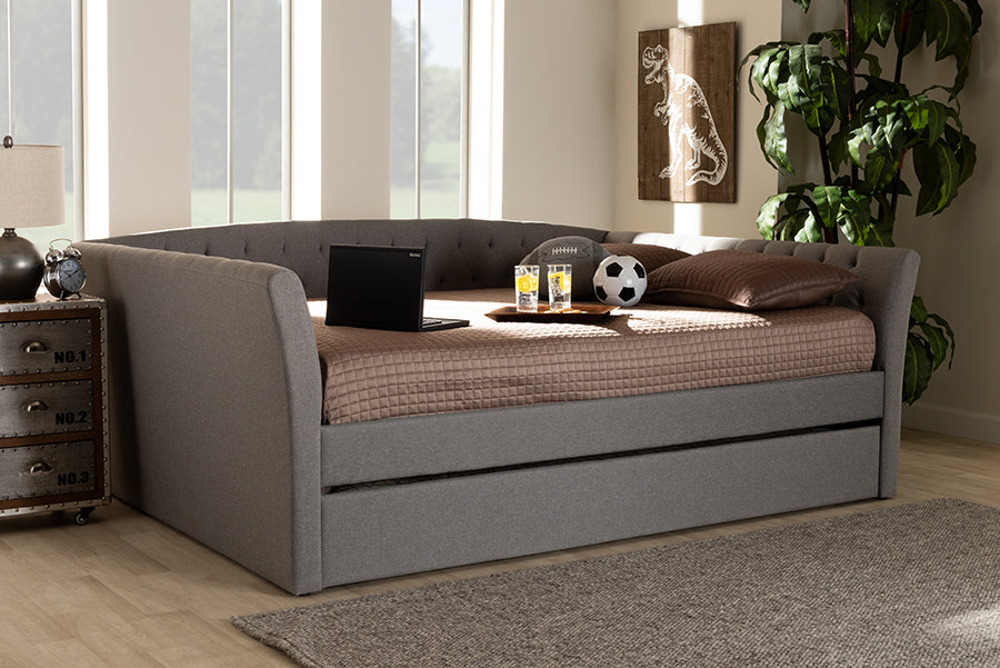 Baxton Studio Delora Modern and Contemporary Light Grey Fabric Upholstered Full Size Daybed with Roll-Out Trundle Bed