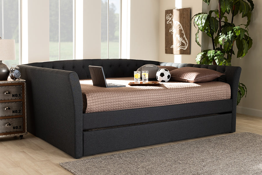 Baxton Studio Delora Modern and Contemporary Dark Grey Fabric Upholstered Full Size Daybed with Roll-Out Trundle Bed