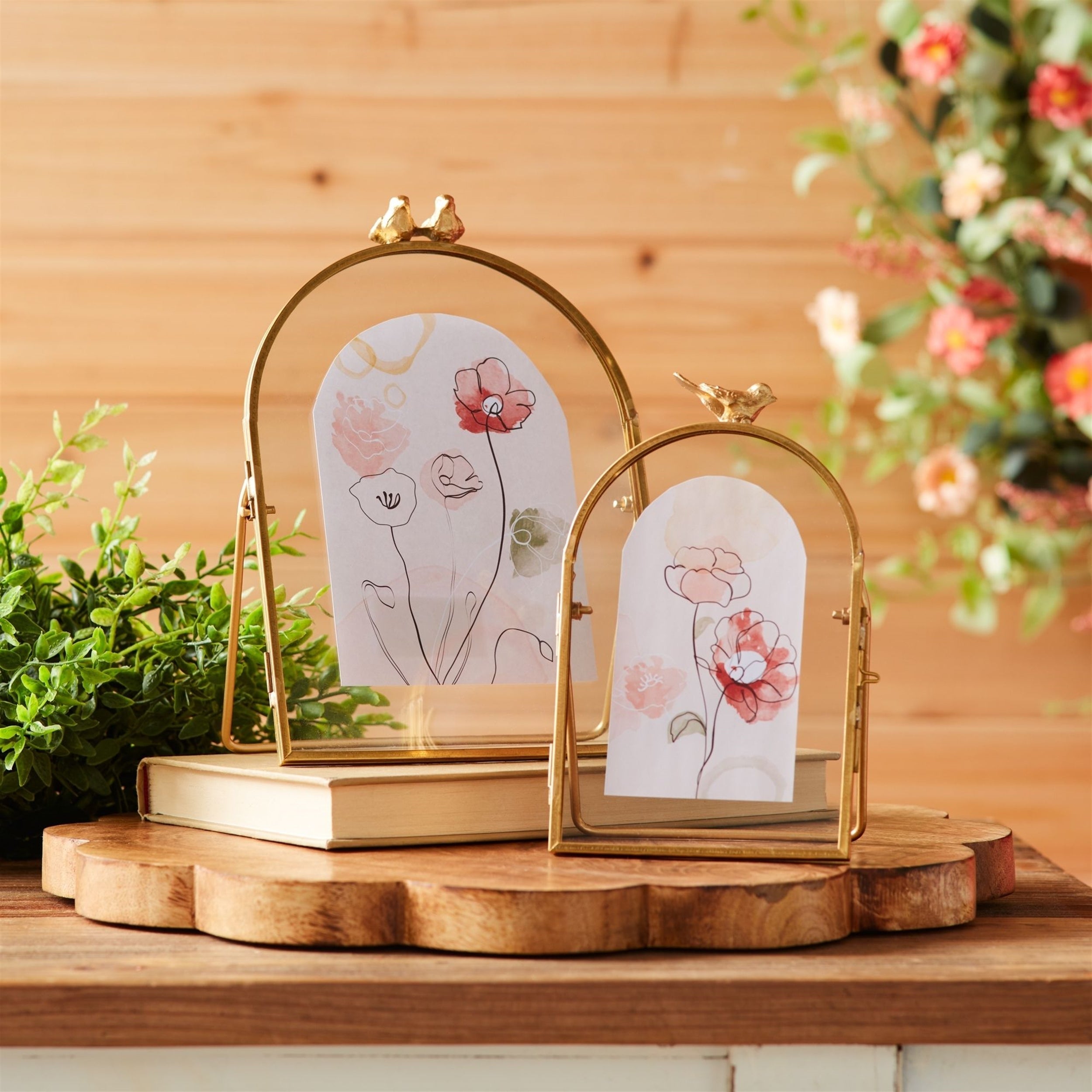 Copper Framed Floral Artwork with Bird Accent 8"H