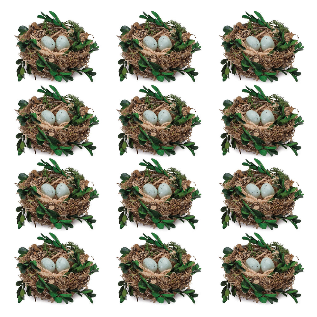 Twig Bird Nest with Eggs and Boxwood Foliage (Set of 12)