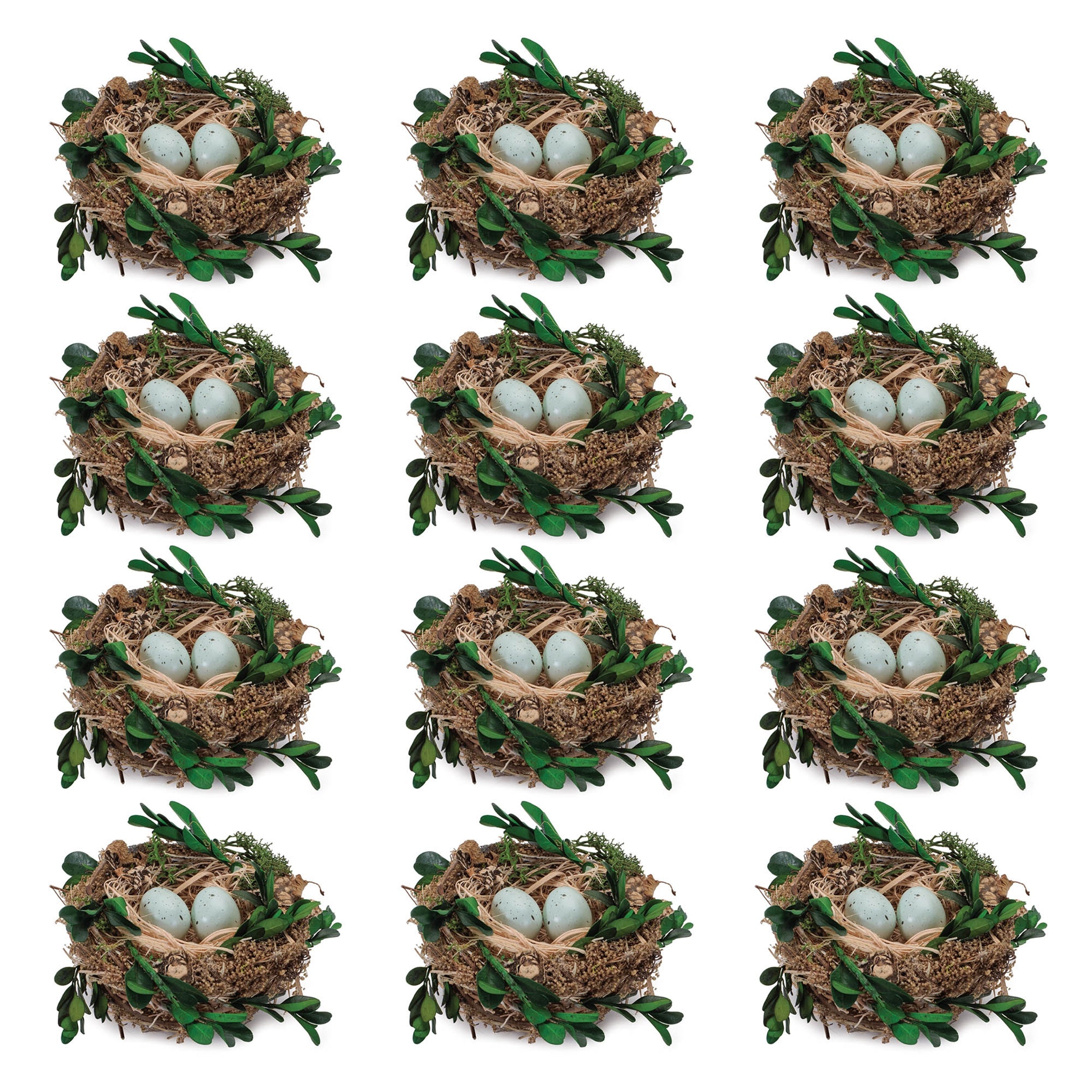 Twig Bird Nest with Eggs and Boxwood Foliage (Set of 12)