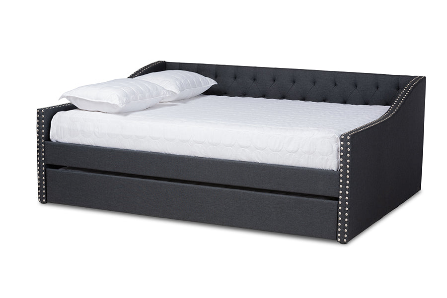 Baxton Studio Haylie Modern and Contemporary Dark Grey Fabric Upholstered Full Size Daybed with Roll-Out Trundle Bed