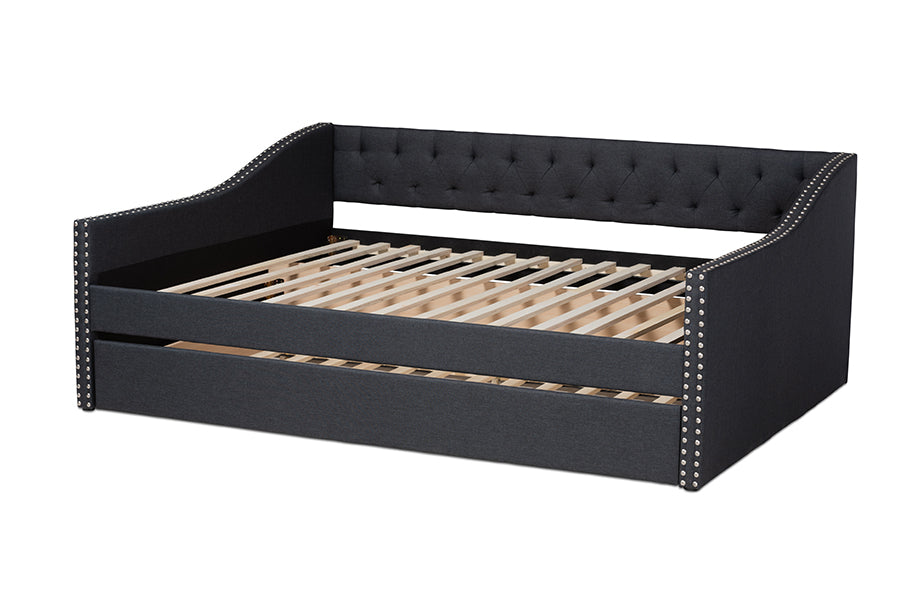 Baxton Studio Haylie Modern and Contemporary Dark Grey Fabric Upholstered Full Size Daybed with Roll-Out Trundle Bed