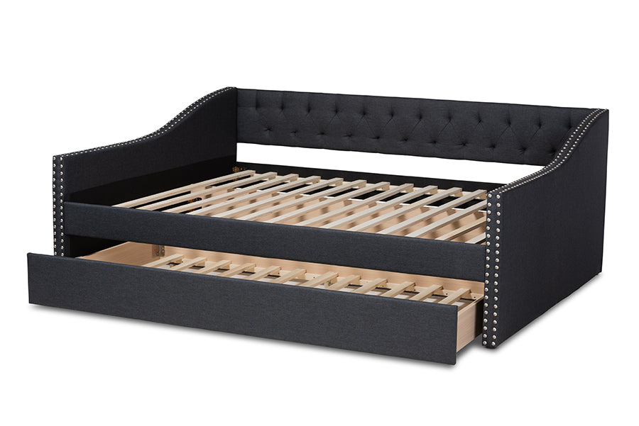 Baxton Studio Haylie Modern and Contemporary Dark Grey Fabric Upholstered Full Size Daybed with Roll-Out Trundle Bed