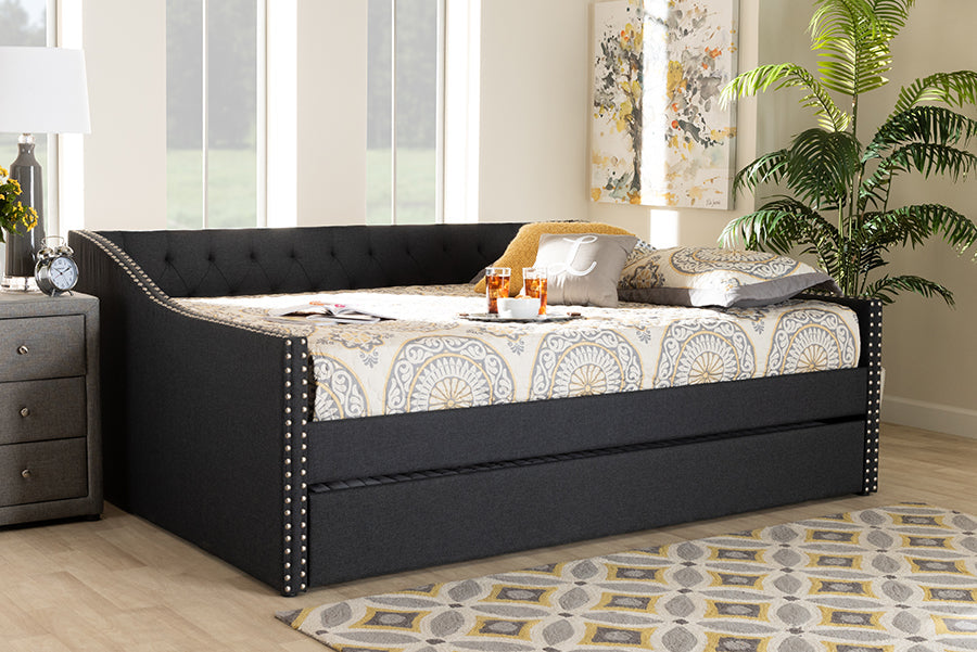 Baxton Studio Haylie Modern and Contemporary Dark Grey Fabric Upholstered Full Size Daybed with Roll-Out Trundle Bed