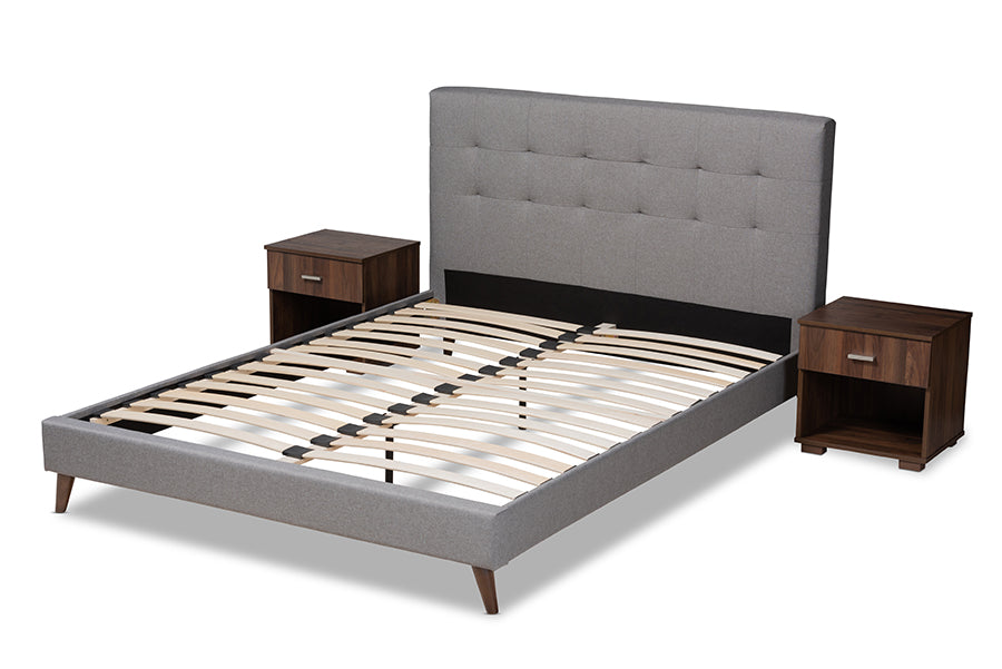 Baxton Studio Maren Mid-Century Modern Light Grey Fabric Upholstered Queen Size Platform Bed with Two Nightstands