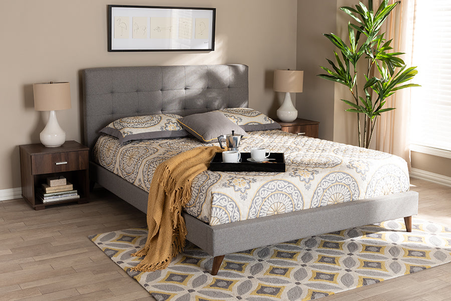 Baxton Studio Maren Mid-Century Modern Light Grey Fabric Upholstered Queen Size Platform Bed with Two Nightstands