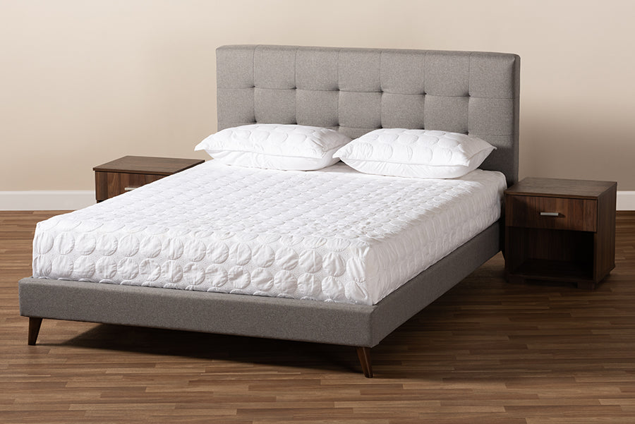 Baxton Studio Maren Mid-Century Modern Light Grey Fabric Upholstered Queen Size Platform Bed with Two Nightstands