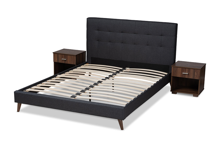 Baxton Studio Maren Mid-Century Modern Dark Grey Fabric Upholstered Queen Size Platform Bed with Two Nightstands