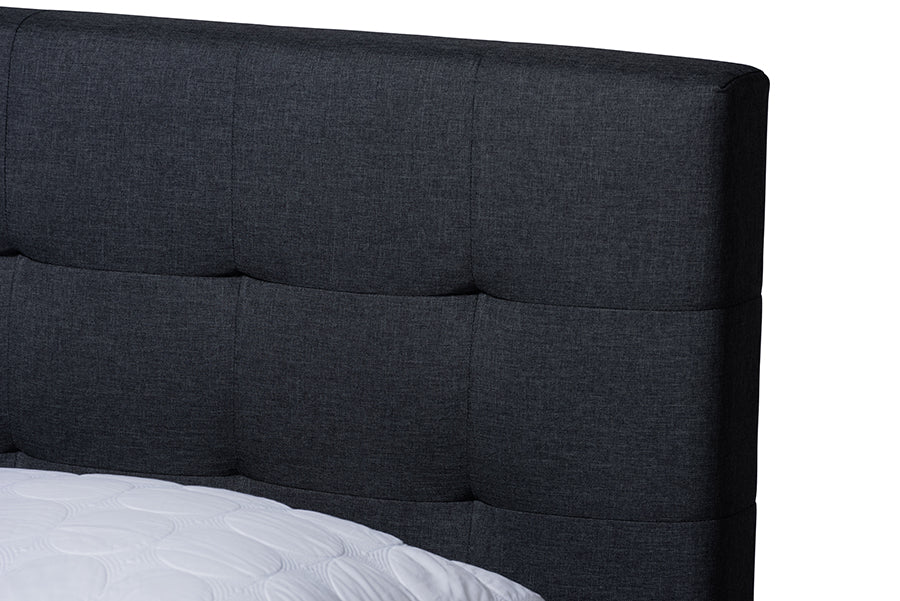 Baxton Studio Maren Mid-Century Modern Dark Grey Fabric Upholstered Queen Size Platform Bed with Two Nightstands