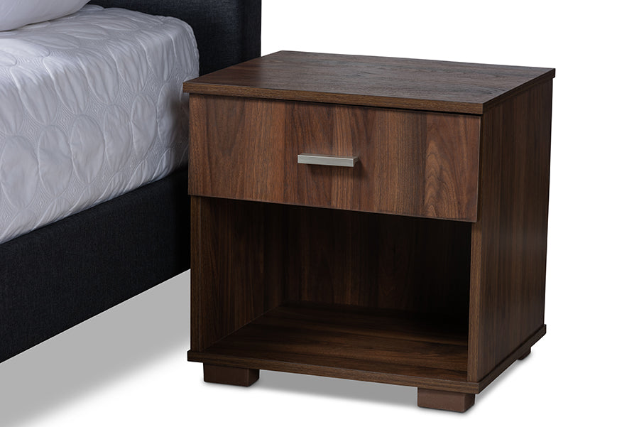 Baxton Studio Maren Mid-Century Modern Dark Grey Fabric Upholstered Queen Size Platform Bed with Two Nightstands