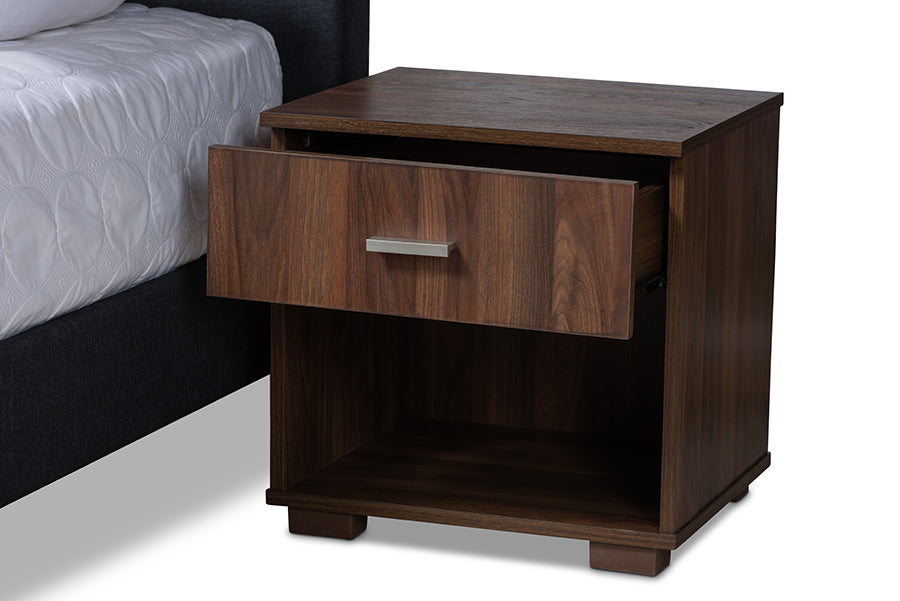Baxton Studio Maren Mid-Century Modern Dark Grey Fabric Upholstered Queen Size Platform Bed with Two Nightstands