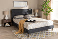 Baxton Studio Maren Mid-Century Modern Dark Grey Fabric Upholstered Queen Size Platform Bed with Two Nightstands