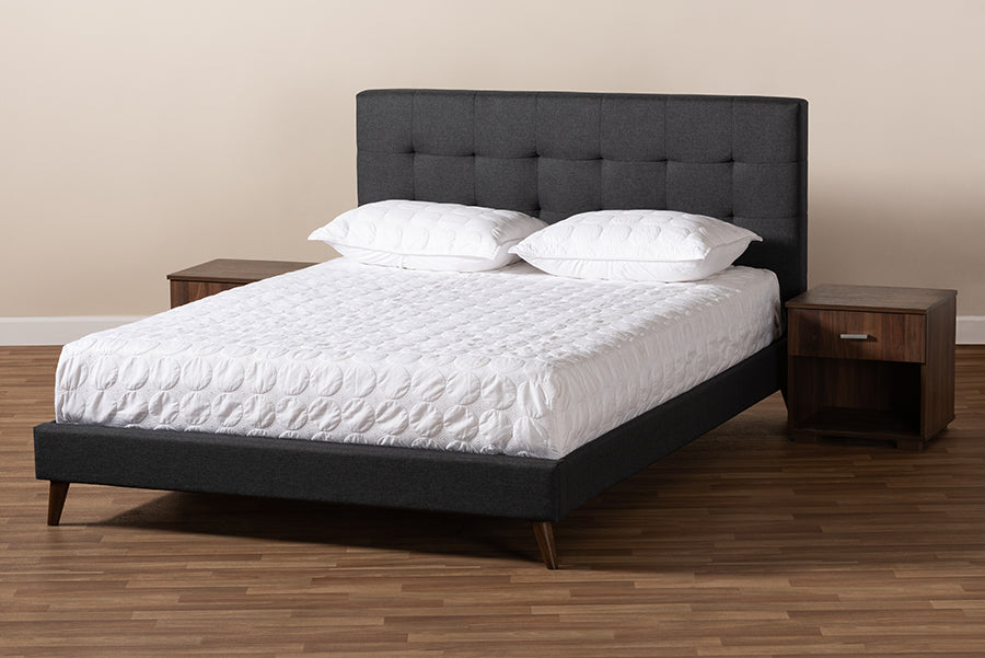 Baxton Studio Maren Mid-Century Modern Dark Grey Fabric Upholstered Queen Size Platform Bed with Two Nightstands