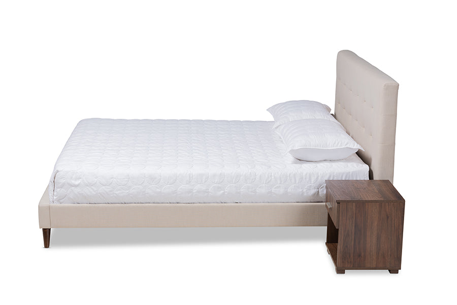 Baxton Studio Maren Mid-Century Modern Beige Fabric Upholstered Queen Size Platform Bed with Two Nightstands