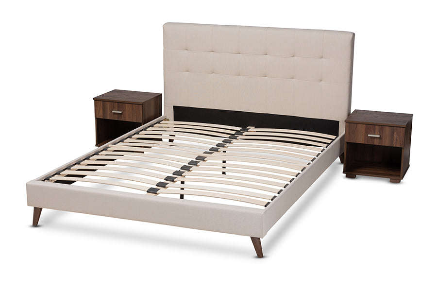 Baxton Studio Maren Mid-Century Modern Beige Fabric Upholstered Queen Size Platform Bed with Two Nightstands