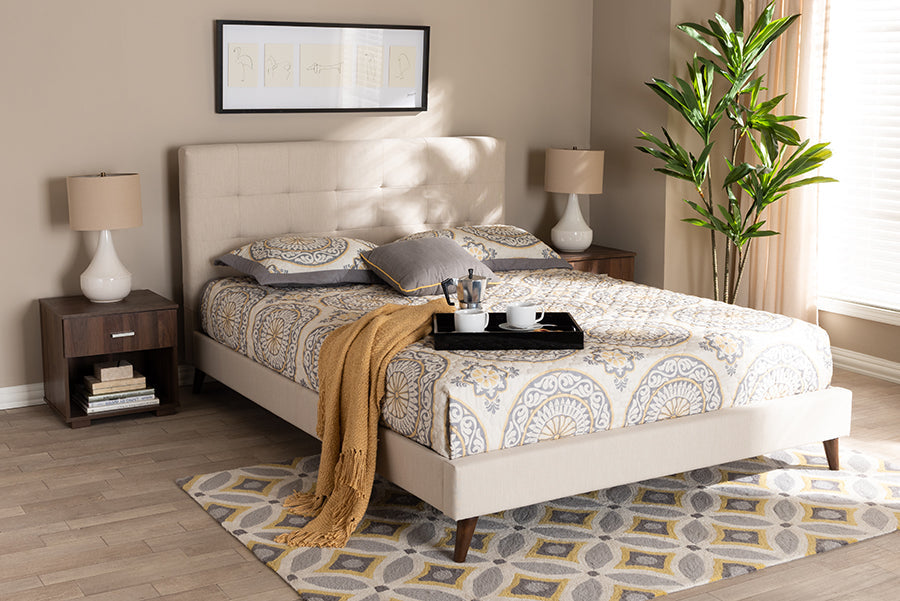 Baxton Studio Maren Mid-Century Modern Beige Fabric Upholstered Queen Size Platform Bed with Two Nightstands