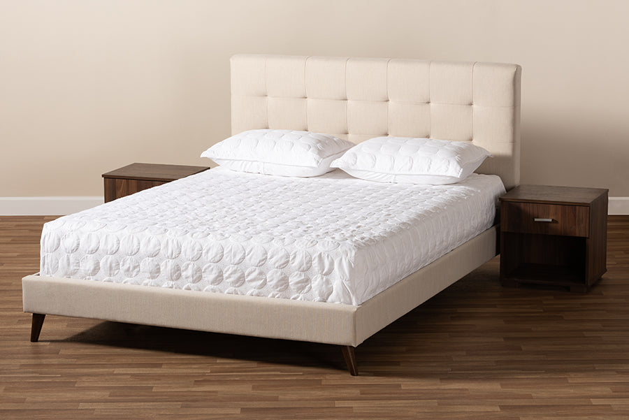 Baxton Studio Maren Mid-Century Modern Beige Fabric Upholstered Queen Size Platform Bed with Two Nightstands