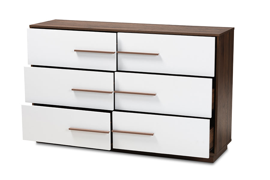 Baxton Studio Mette Mid-Century Modern White and Walnut Finished 6-Drawer Wood Dresser