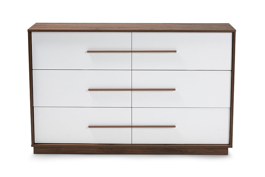 Baxton Studio Mette Mid-Century Modern White and Walnut Finished 6-Drawer Wood Dresser