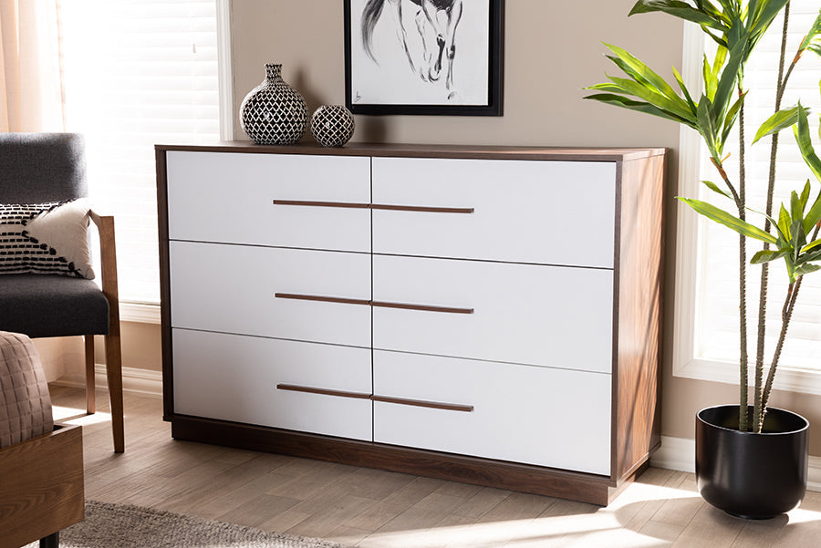 Baxton Studio Mette Mid-Century Modern White and Walnut Finished 6-Drawer Wood Dresser