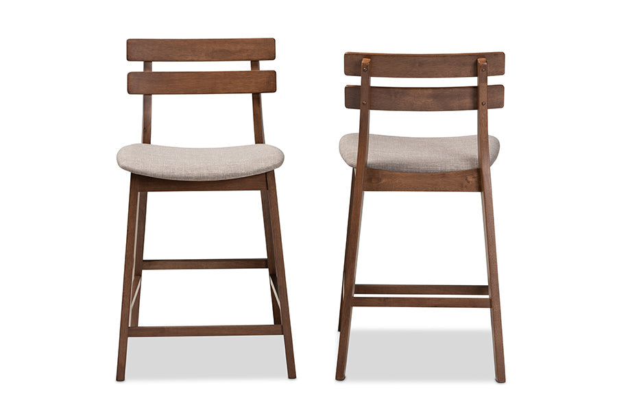 Baxton Studio Larine Modern and Contemporary Light Grey Fabric Upholstered Walnut Finished 2-Piece Wood Counter Stool Set