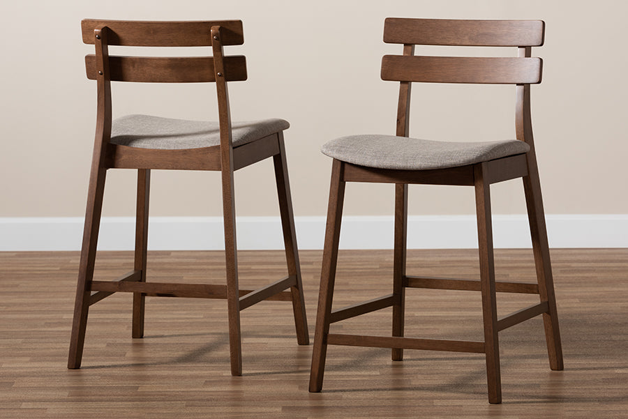 Baxton Studio Larine Modern and Contemporary Light Grey Fabric Upholstered Walnut Finished 2-Piece Wood Counter Stool Set