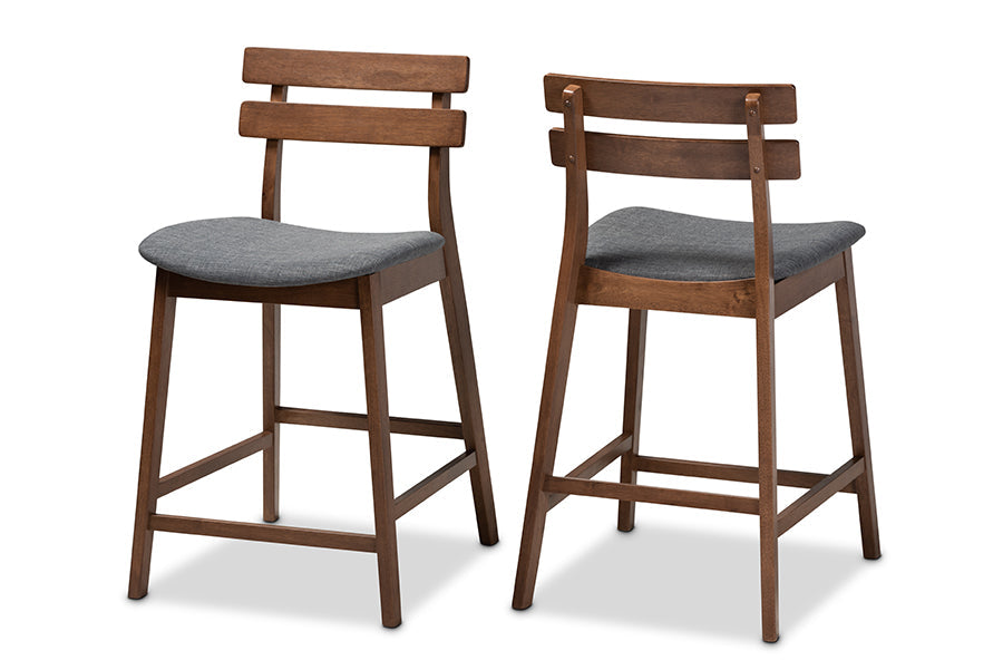 Baxton Studio Larine Modern and Contemporary Dark Grey Fabric Upholstered Walnut Finished 2-Piece Wood Counter Stool Set