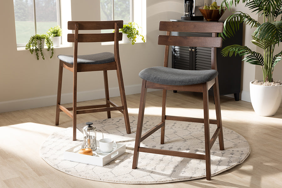 Baxton Studio Larine Modern and Contemporary Dark Grey Fabric Upholstered Walnut Finished 2-Piece Wood Counter Stool Set