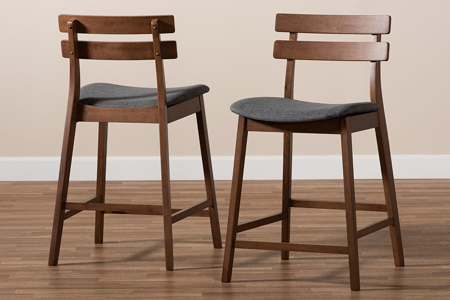 Baxton Studio Larine Modern and Contemporary Dark Grey Fabric Upholstered Walnut Finished 2-Piece Wood Counter Stool Set