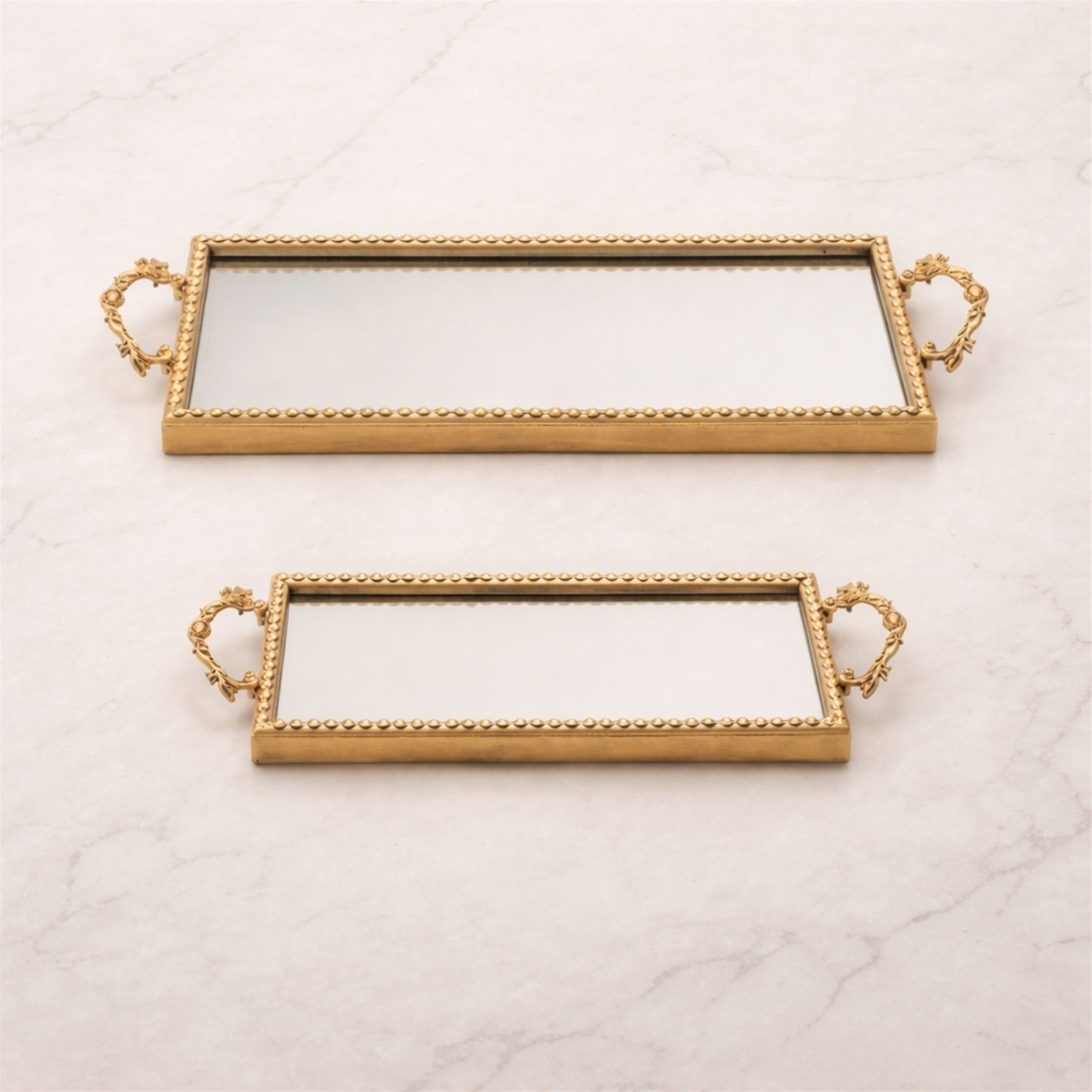Gold Beaded Mirror Tray (Set of 2)