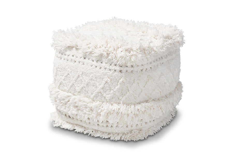 Baxton Studio Curlew Moroccan Inspired Ivory Handwoven Cotton Pouf Ottoman