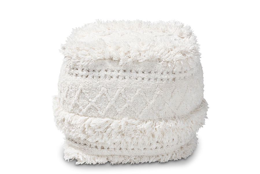 Baxton Studio Curlew Moroccan Inspired Ivory Handwoven Cotton Pouf Ottoman