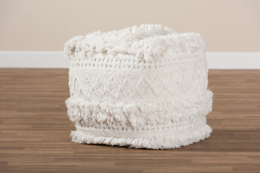 Baxton Studio Curlew Moroccan Inspired Ivory Handwoven Cotton Pouf Ottoman