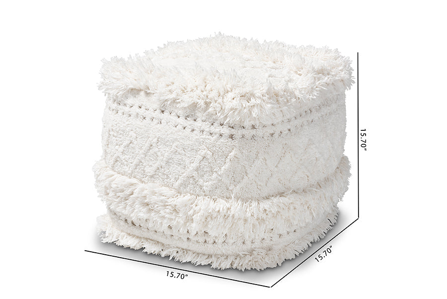 Baxton Studio Curlew Moroccan Inspired Ivory Handwoven Cotton Pouf Ottoman
