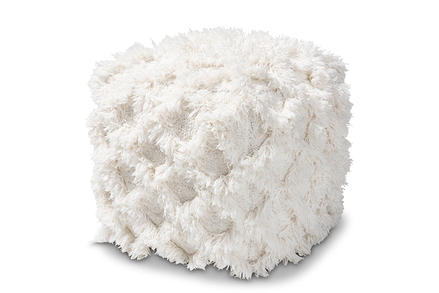 Baxton Studio Asuka Moroccan Inspired Ivory Handwoven Cotton Fringe Pouf Ottoman