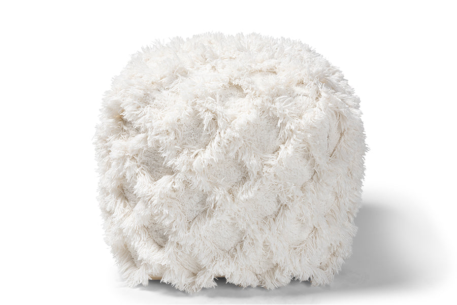 Baxton Studio Asuka Moroccan Inspired Ivory Handwoven Cotton Fringe Pouf Ottoman