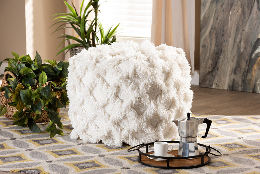 Baxton Studio Asuka Moroccan Inspired Ivory Handwoven Cotton Fringe Pouf Ottoman
