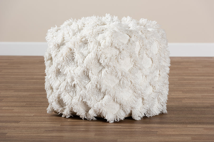 Baxton Studio Asuka Moroccan Inspired Ivory Handwoven Cotton Fringe Pouf Ottoman
