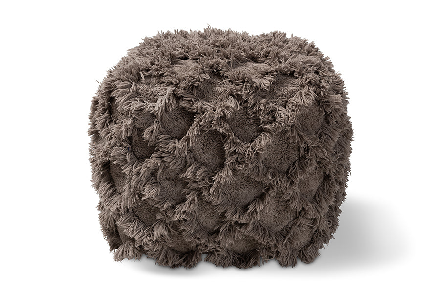 Baxton Studio Asuka Moroccan Inspired Taupe Handwoven Cotton Fringe Pouf Ottoman
