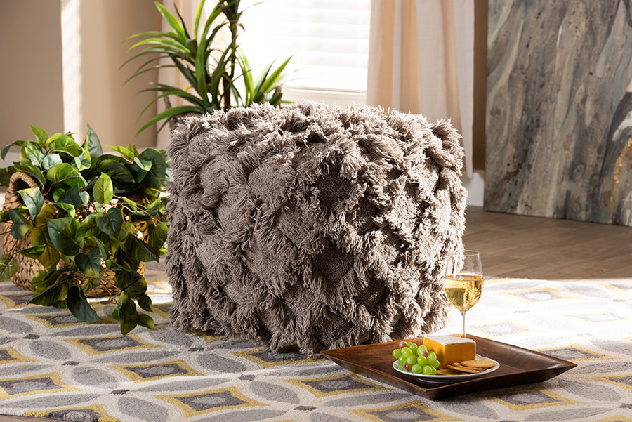 Baxton Studio Asuka Moroccan Inspired Taupe Handwoven Cotton Fringe Pouf Ottoman
