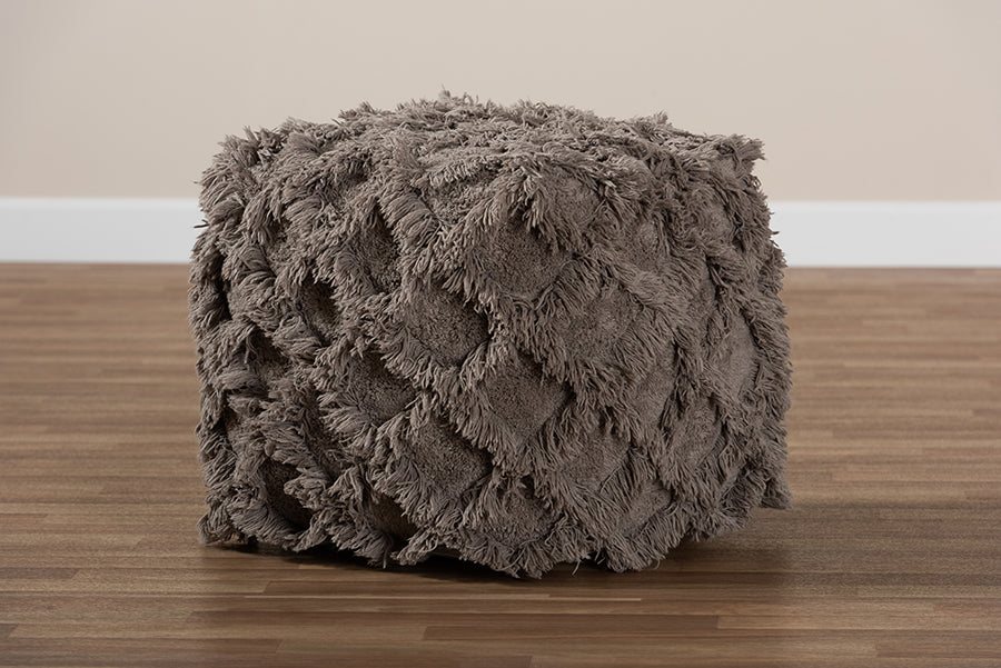 Baxton Studio Asuka Moroccan Inspired Taupe Handwoven Cotton Fringe Pouf Ottoman
