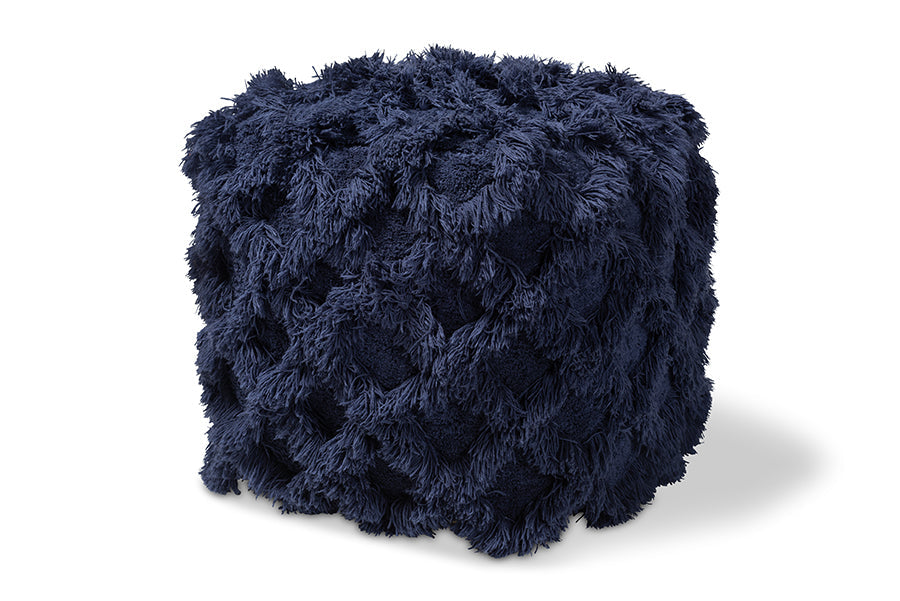Baxton Studio Asuka Moroccan Inspired Navy Handwoven Cotton Fringe Pouf Ottoman