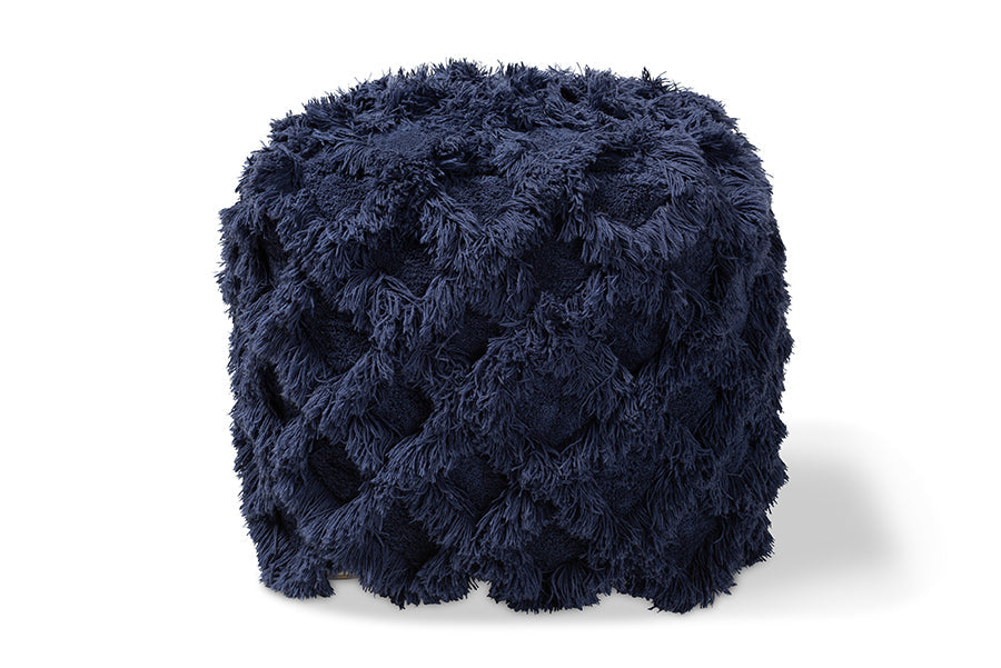 Baxton Studio Asuka Moroccan Inspired Navy Handwoven Cotton Fringe Pouf Ottoman