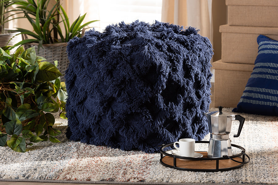 Baxton Studio Asuka Moroccan Inspired Navy Handwoven Cotton Fringe Pouf Ottoman