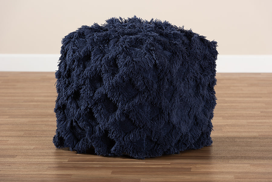 Baxton Studio Asuka Moroccan Inspired Navy Handwoven Cotton Fringe Pouf Ottoman