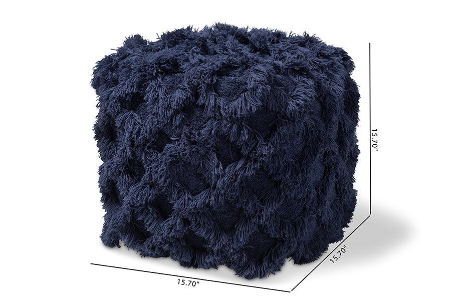 Baxton Studio Asuka Moroccan Inspired Navy Handwoven Cotton Fringe Pouf Ottoman